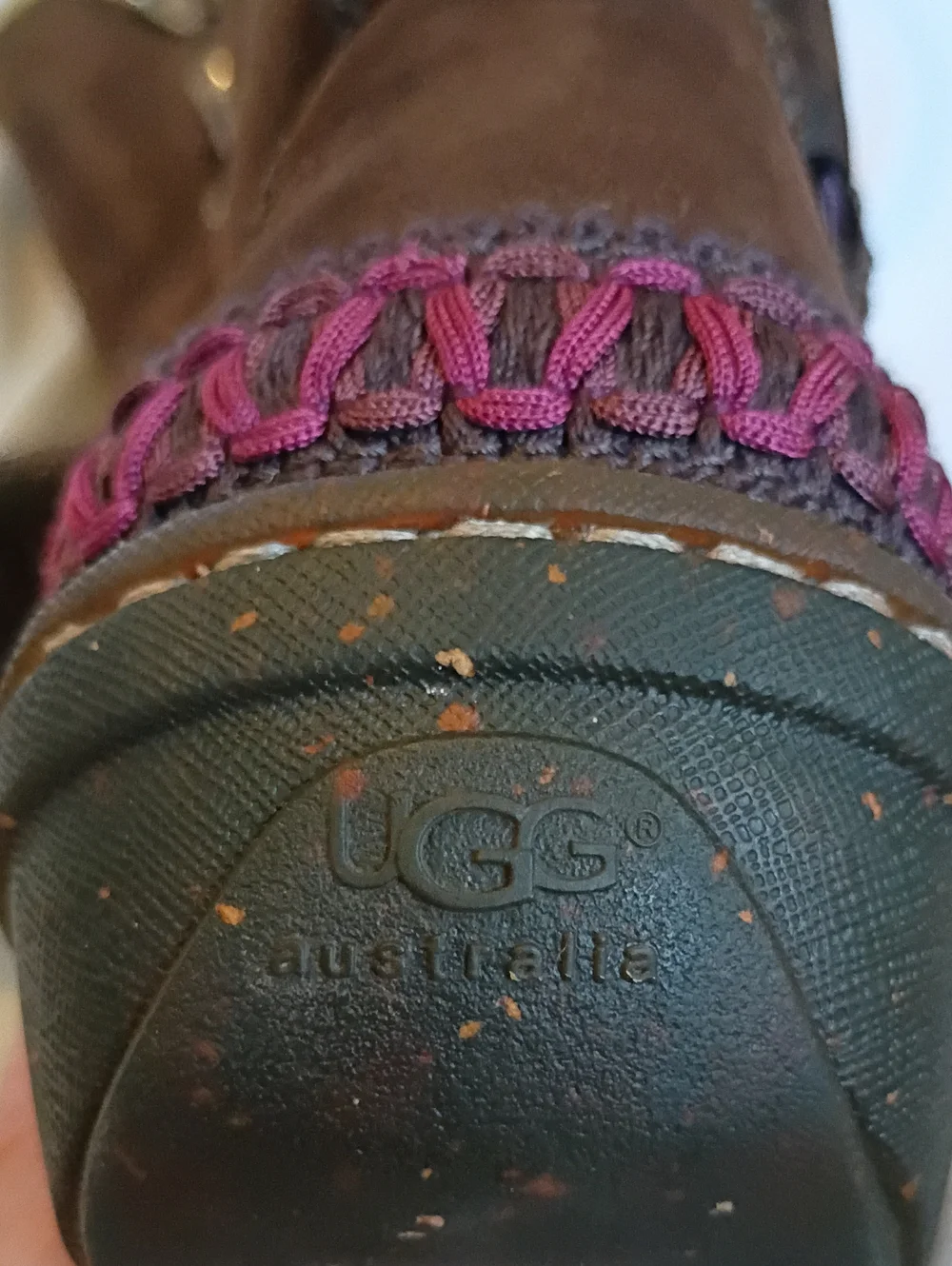 UGG Brown Leather Shearling-Lined Mid-Calf Boots with Purple Accents